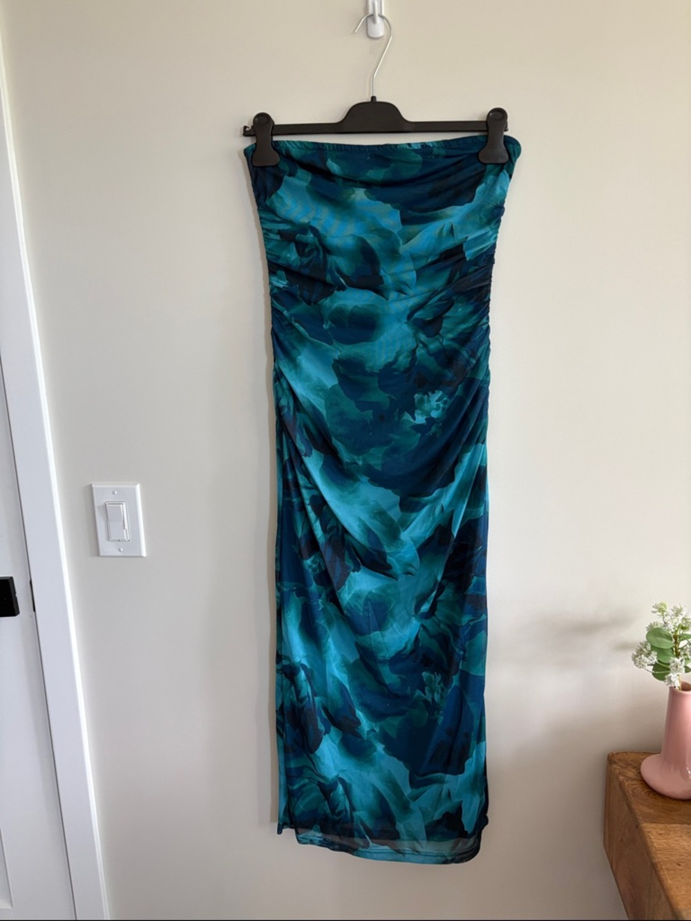 Teal Floral Strapless Maxi Dress